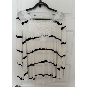 CATHY White Black Stripes Floral Mock Crochet Long Sleeve Women's Top Size L